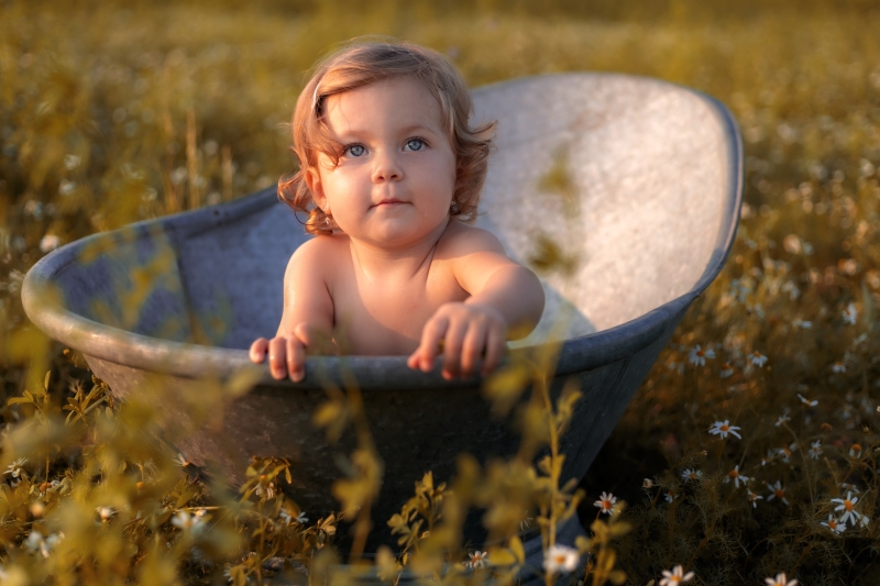Roztomilá dvouletá holčička sedí v plechové vaničce uprostřed letní louky. Fotka má nádhernou letní atmosféru.