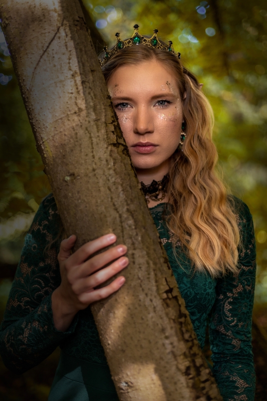 Krásná mladá žena s dlouhými blond vlasy má ve vlasech korunku se zelenými kameny. Elfí oška napovídají, že jde o královnu elfů. Stojí lehce ksrytá za kmenem stromu, kterého se drží pravou rukou. Stylizované cosplay focení.